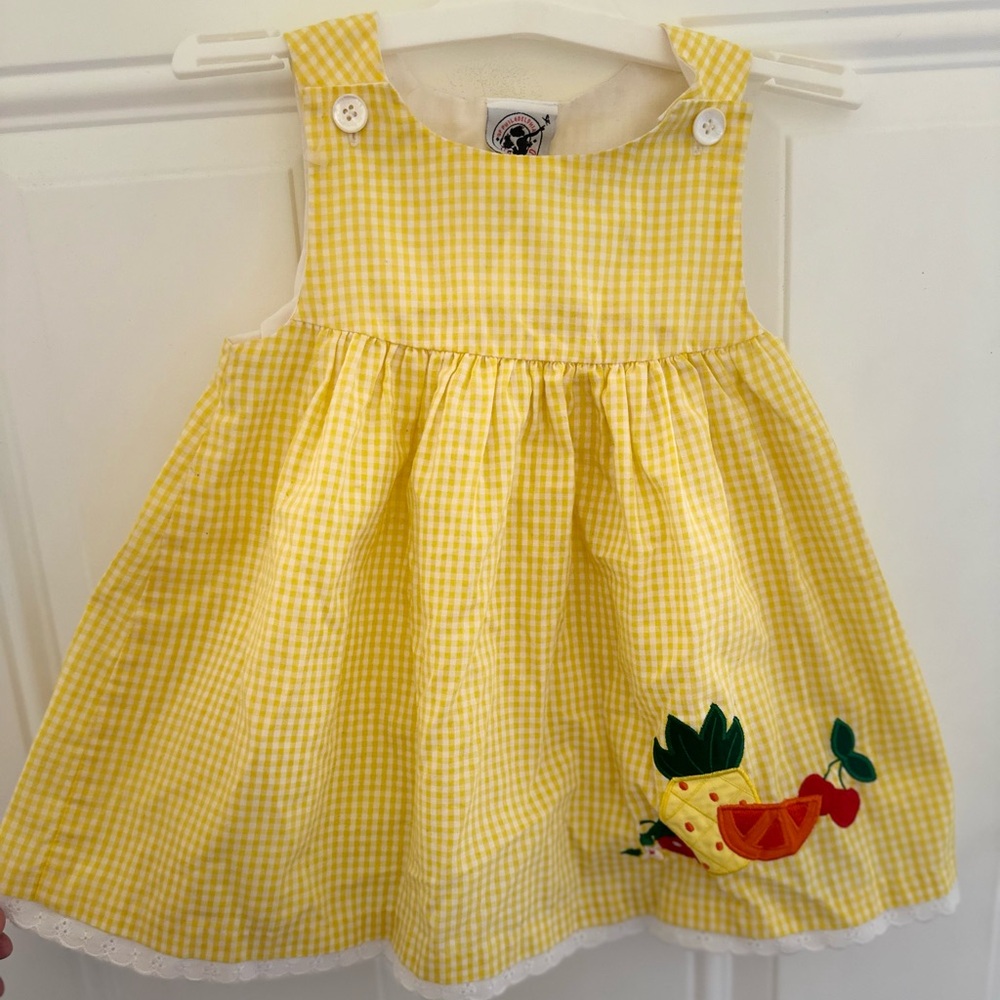 Yellow Gingham Baby Dress with Fruit Embroidery